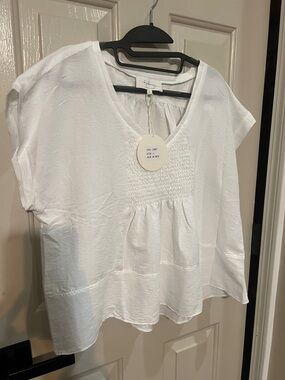 Smocked V-Neck White Peasant Blouse - Women's